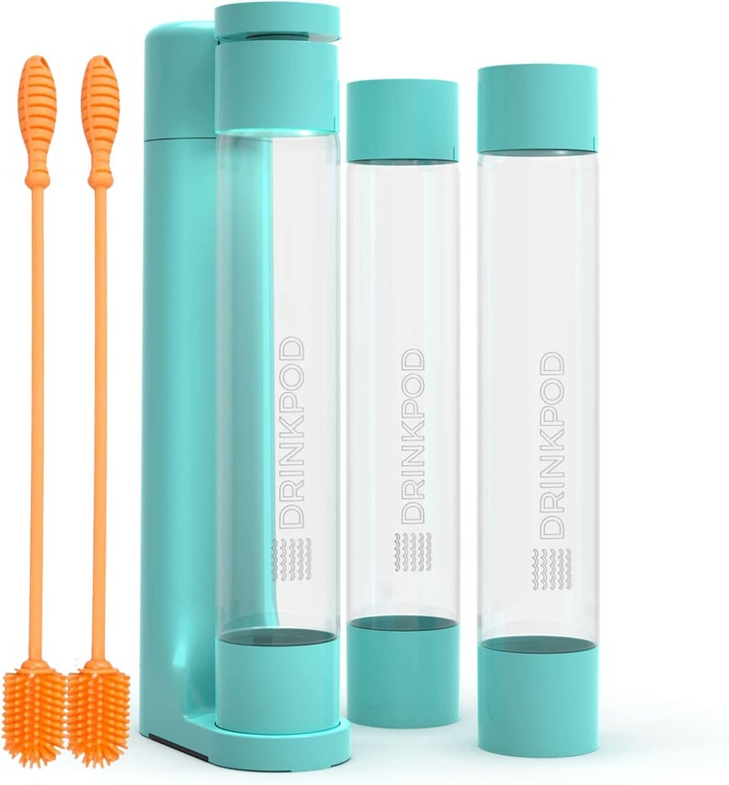 DRINKPOD Fizzpod Home Soda Maker Sparkling Water Carbonator With 3 Bottles and 2 Bottle Brushes (Aruba Blue) - Image 1
